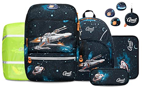GMT for Kids Schulranzen Set 6-teilig Ergonomische Ultraleichte Schultasche Mädchen Junge Kinder Schulrucksack Raumschiff Grundschule Schultaschen 1-4. Klasse Rucksack 22 L