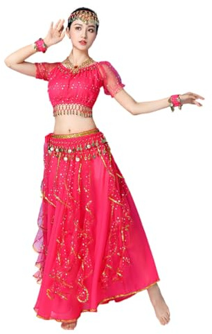 Bollywood Indian Womens Arabian Lace Ribbon Belly Dance 3-Piece Dress Girl Traje (top/Skirt/Belt Scarf), rosa, M