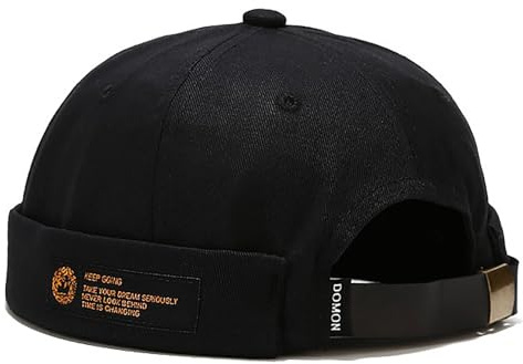 Malaxlx Label Black Docker Cap Brimless Beanie Skull Cap Retro Rolled Cuff Adjustable Cotton