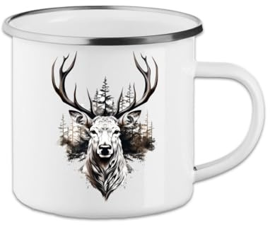 Outdoor Becher mit Hirsch Motiv – Vintage Emaille Tasse als Camping Tasse für Wandern Survival Ausrüstung & Camping Zubehör robust und leicht