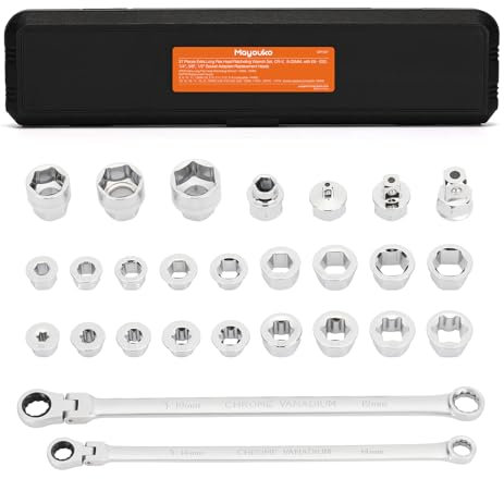 Mayouko 27PCS Extra Long Flex Head Ratcheting Wrench Set, 14 & 19mm Wrench, Double Box End Ratchet Wrench Set with E-Type 8-22mm Replacement Heads, 72 Tooth, CR-V Steel
