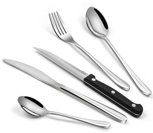 Cutlery Set with Steak Knives, 40 Piece Knife and Fork Sets, Stainless Steel Forks Knives and Spoons Set for 8 People, Kitchen Flatware Silverware Set, Dishwasher Safe, Mirror Polished