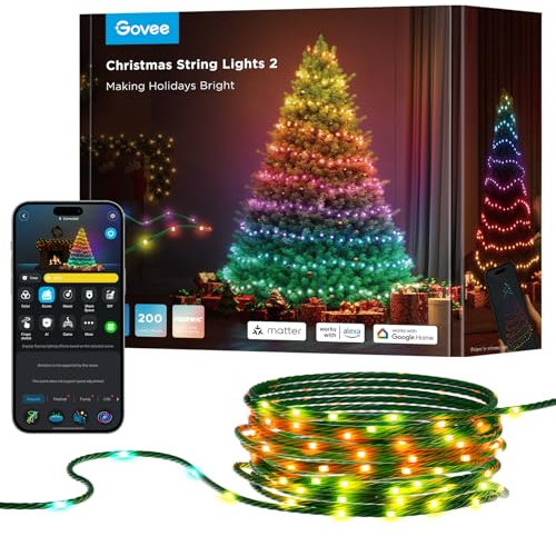 Govee Christmas Lights, RGBWIC 20M Weilnachtsbeleuchtung Außen, 200 LEDs Lichterkette Innen für Weilnachtsbaum, Shape-Mapping,130+ Szenen-Modi, AIGC, Kompatibel mit Alexa, Grünes Kabel