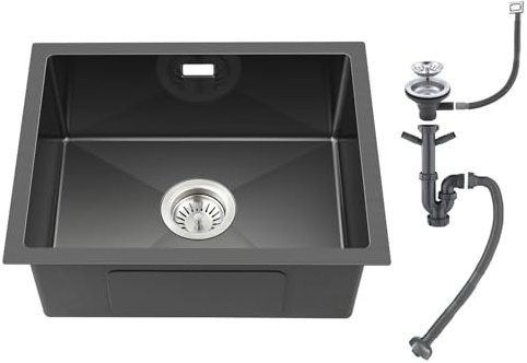 ROVOGO 400 x 500 mm Black Undermount Kitchen Sink with Basket Strainer Waste and Overflow Kit, Handmade Stainless Steel Kitchen Sink, 1 Bowl Rectangular