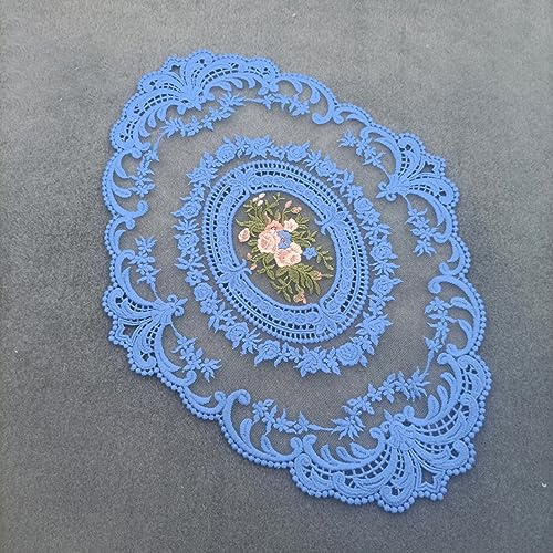 Anevous 1 Stück Spitze Oval Platzset, Vintage Dekorative Tischsets, 31x 42cm Spitzendeckchen Placemat, Spitze Blume Bestickte Tischmatte Abwaschbar für Küche Esszimmer Dekoration,Blau