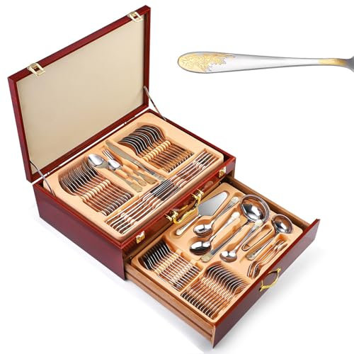 MJDHS Service de Table 12 Personnes, Ensemble de Vaisselle en Acier Inoxydable 72/84 pièces, avec des Accents dorés pour la Maison Restaurant fêtes, Lavable en Machine(Size:72 pcs,Color:D)