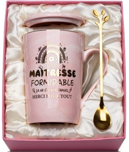 Cadeau Maitresse D'école, Cadeau Merci Maitresse Mug 400ml, Cadea-u Maitre D'école Marbré Céramique Tasse, Cadea-u Professeur Idee Cadea-u Fin D'année Maitresse, avec Cuillère, Cadeauboîte, Carte