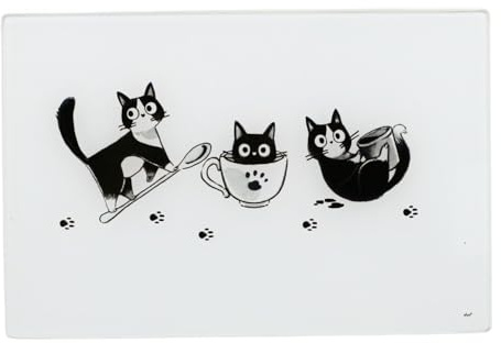 Dessous de Plat en Verre Mia, Motif Chatons Noir et Blanc, 20 x 30 cm
