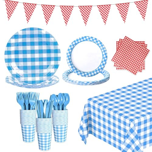 LiveGo 142Pack Party Supplies for 20 Guests Disposable Tableware Kits with Banner, Tablecloth, Paper Plates, Cups, Napkins, Cutlery for Birthday Picnic BBQ Wedding Party Decorations