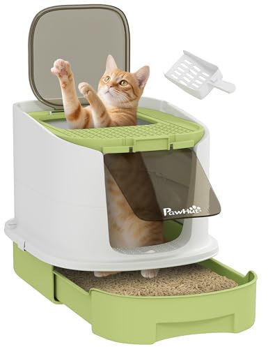 PawHut Arenero para Gatos Cubierto Caja de Arena para Gatos Arenero Cerrado con Entrada Frontal Salida Superior Tapa Removible Bandeja Extraíble y Pala 40,5x52,5x42,5 cm Blanco y Verde