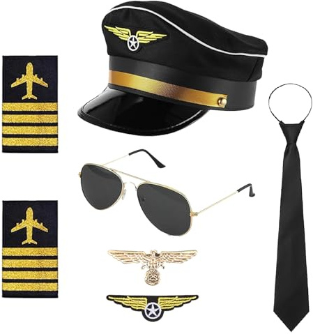 Baieye Pilot Capitano accessorio per costume da pilota, per carnevale, con cappellino da capitano, spalline, cravatta, badge, occhiali da sole, per adolescenti e adulti, per feste o spettacoli