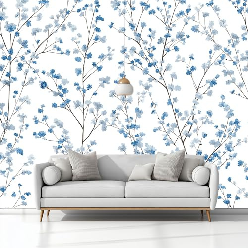 Crema Fondo de Pantalla PanoráMica 3d, Delicado Ramas Flores Azules. Fotomurales Mural 250 x 175 cm (An x Al) – Decoración de Pared Para Sala Cuarto Oficina y Salón
