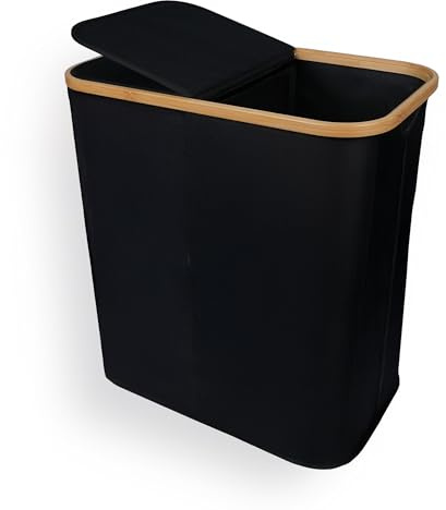 Valle Verde 120L Aufbewahrungsbox XXL mit Deckel und Bambusrahmen, 2 Fächer Aufbewahrungskorb, Wäschekorb Wäschesammler - Faltbar & platzsparend - Schwarz, 54 x 33 x 68 cm