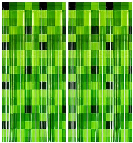 RenSton 2 PCS Green Foil Curtain, Green Pixel Miner Theme Curtains, Door Tinsel Curtain, 3.2x6.6ft Pixel Game Inspired, Photo Booth Props Backdrop Birthday Decorations Supplies