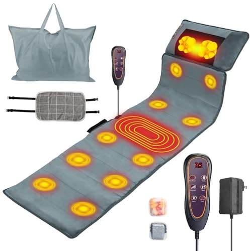 KOCASO Full Body Electric Massage Mat,Heat Vibration Massage Pad Cushion Back Massage Mattress Chair Pad with Neck Massage Pillow with 10 Vibration Motors Timer Anti-Slip Bottom Earplugs