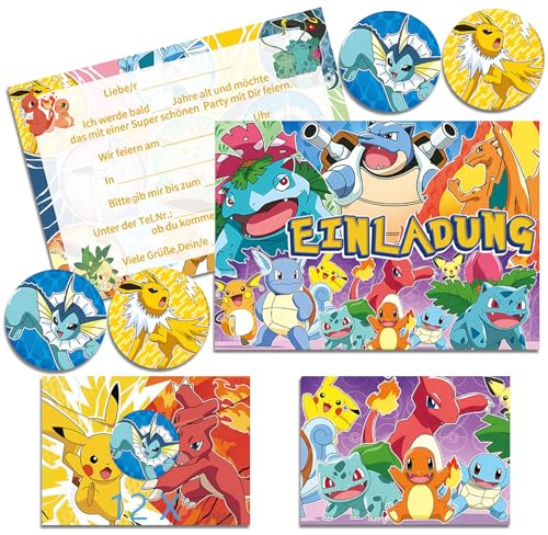 IRONIUM 12x Einladungskarten Kindergeburtstag mit Umschlag Deutsch, Kindergeburtstags Party Einladungen, Cartoon Geburtstag Einladungskarten Set für Themed Party (A6) (H)