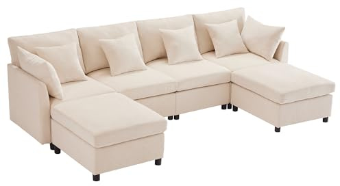HAINEW Hörnsoffa hörnsoffa med 2 avtagbara fotpall och ländryggskudde, 6-sitsig U-formad soffa soffa för vardagsrum sovrum, 278 × 161 × 81 cm, chenille-tyg (beige)
