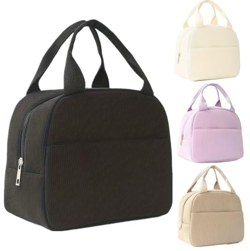 WUWYOUWL Corduroy Lunch Bag Large Capacity Waterproof CoolerBag (Black) | Insulated, Leakproof, Reusable, Foldable, Portable, Keep Fresh, for Women, Men, Kids and Students Picnic Outdoor Work