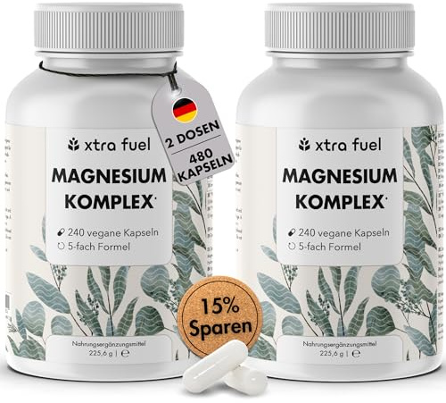 Magnesium Komplex hochdosiert - 480 Kapseln, 400 mg elementares Magnesium, 5-fach Komplex für Muskeln & Nerven aus Oxid, Citrat, Bisglycinat, Malat & Ascorbat – laborgeprüft & vegan