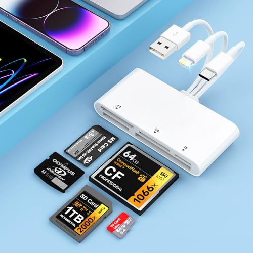 SD Card Reader Memory Card Reader for iPhone/iPad/Camera/Android/PC, iOS/Type C/USB-A to SD/TF/CF/Micro SD/XD/MS USB C,8-in-1 OTG Card Reader Adapter High-Speed Camera Memory Card Adapter