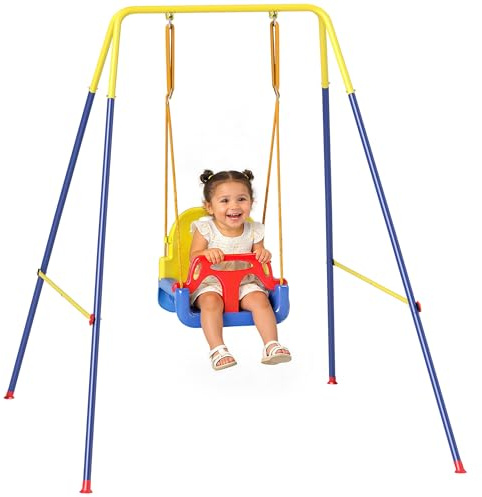 AIYAPLAY Portique Balançoire Enfants 3-en-1, Balançoire Pliable pour Enfants, Ceinture de Sécurité, Siège Réglable 35-55 cm, Intérieur et Extérieur, Support en Acier, pour Âge Préscolaire, Multicolore