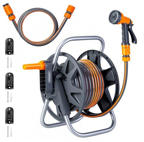 Vonhaus Garden Hose Reel 15m – 2-in-1 Hose Pipe Reel with 8-Pattern Spray Nozzle & 1/2 and 3/4 Fittings, Wall Mounted and Freestanding Heavy Duty Rewind Water Hose