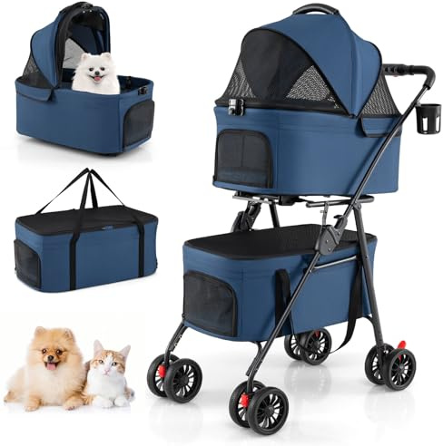 COSTWAY Passeggino Doppio per Animali 3 in 1 Pieghevole, Carrozzina per Cani con 2 Portapets Staccabili, Seggiolini Auto e 4 Ruote, Passeggino da Viaggio per Cani e Gatti di Piccola Taglia (Blu)