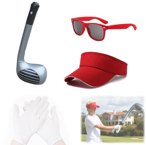 klahh 4Pcs Pub Golf Fancy Dress, Includes plastic Golf Club, Red Golf Visor, White Gloves, Sunglasses, Pub Golf Accessories Kit for Halloween Party