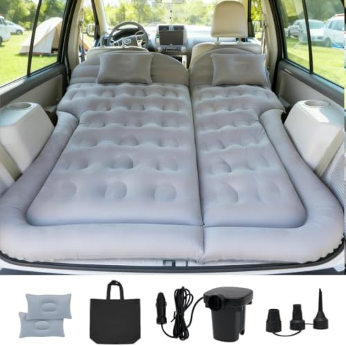 SUV Air Mattress, Car Airbed Inflatable Mattress for Truck Backseat (Grey) | Foldable Car Mattress with Electric Pump 2 Pillows | Portable Sleeping Mat Pad Camping Bed for Travel Tent Road Trip Home