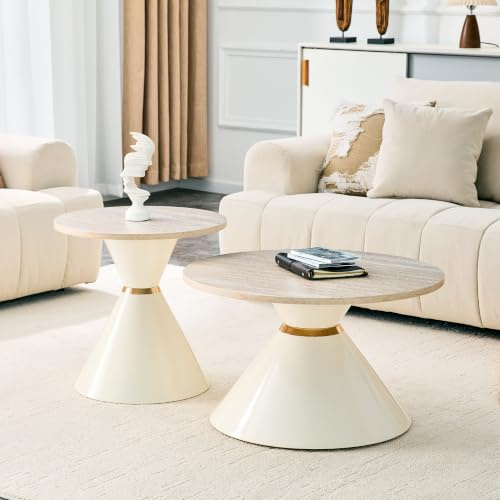 Jaxenor 2er Set Couchtisch Rund, Nesting Couchtisch mit Melamin-Tischplatte, Wohnzimmertisch mit Goldakzenten, Sofatisch für Wohnzimmer und Schlafzimmer & Büro, Cremeweiß
