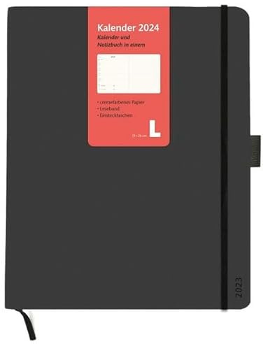 Kombitimer 2024 groß. Schwarzer Terminkalender 2024. Buch-Kalender mit Lesebändchen und Gummiband. Großer Taschenkalender zum Planen von Terminen.