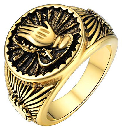 FaithHeart Chevalière Religieux Mains de Prière Chrétienne Bague Religion Acier Inoxydable/Noir/Or Taille 54-67,Bijoux Vintage Biker Porte Bonheur pour Homme Femme Garçon (Boîte Cadeau)