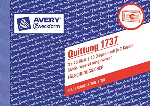 Avery Zweckform 1737 Quittung MwSt. separat ausgewiesen (A6 Quer, selbstdurchschreibend, 3x40 Blatt) weiß/gelb/rosa (5 Stück)