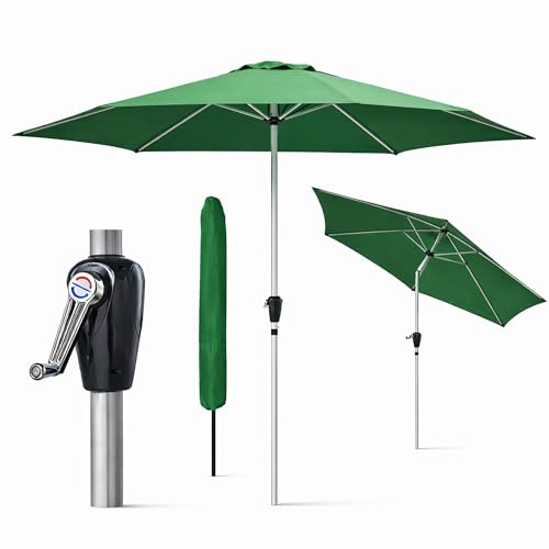 GlamHaus Garden Parasol Tilting Table Umbrella, UV40+ Protection, 2.7m, Includes Protection Cover, Crank Handle, Gardens and Patios - Robust Aluminium - (Green)