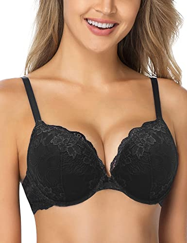 WingsLove Women's Push up Bra Floral Lace Padded Underwire Bra Demi Plunge (Black 34F)