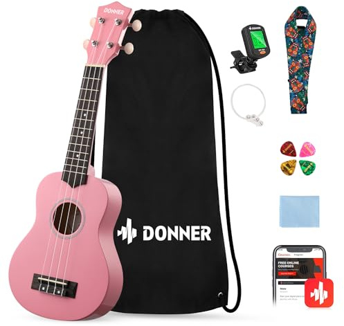 Donner Ukelele para Niños Principiante Ukelele Soprano Kit 21 Pulgadas Ukulele Adulto con Bolso Correa Afinador, Color de Rosado con Online Lección