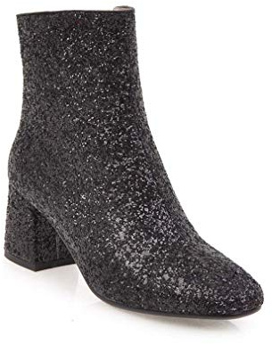 Elyffany Womens Mid Block Heel Glitter Ankle Boots Ladies Zipper Party Prom Booties, Black, 6 UK