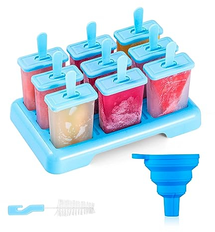 ANSMIO Eisformen 9 Eisförmchen wiederverwendbar Formen Eiscreme DIY Ideen Eis am Stiel BPA Frei - kommt mit einer Reinigungsbürste und Silikon Falttrichter(Blau)