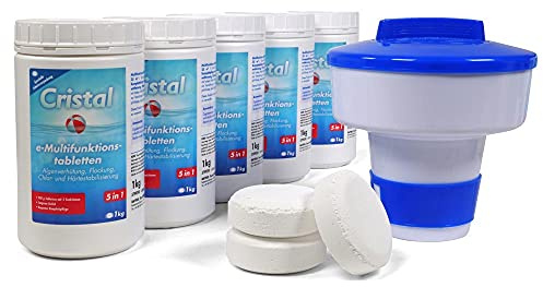 Cristal Multitabs E-Chlor 200g - 5 kg Poolpflege-Set mit Dosierschwimmer - 5 in 1 Komplettpflege für kristallklares Wasser - Für Pools ab 25m³
