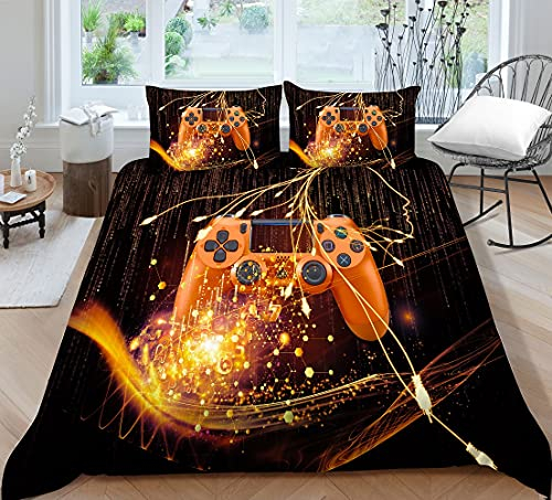 Sticker Superb Videospiel Gamepad Schwarz Junge Mann Muster Bettwäsche Set Bettbezug mit Reißverschluss Dekorative Karikatur Einhorn Blumen Bettwäsche mit Kissenbezug (Mehrfarbig 5,135 x 200 cm)