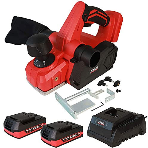 Excel 18V Cordless Planer 82mm EXL580B with 2 x 2.0Ah Batteries & Charger - Variable Speed 16000/min - Compact and Ergonomic Design - Two Side Dust Removal System - Ideal for Planing Wood Surfaces
