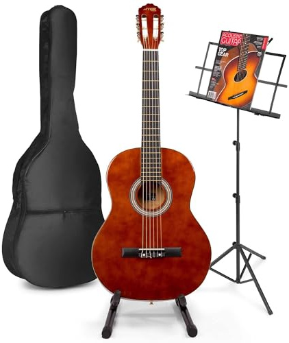 MAX SoloArt Konzertgitarre 4/4, Akustik Gitarre für Anfänger mit Tasche, Gitarrenständer, Notenständer, Stimmgerät, Plektrum, Gurt und Zubehör, Acoustic Guitar, Akustikgitarre in Holz Braun Hout
