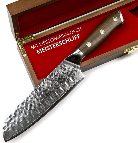 Stallion Damastmesser Ironwood Santokumesser mit MEISTERSCHLIFF - 17,5 cm - Messer aus Damaststahl mit Griff aus Eisenholz