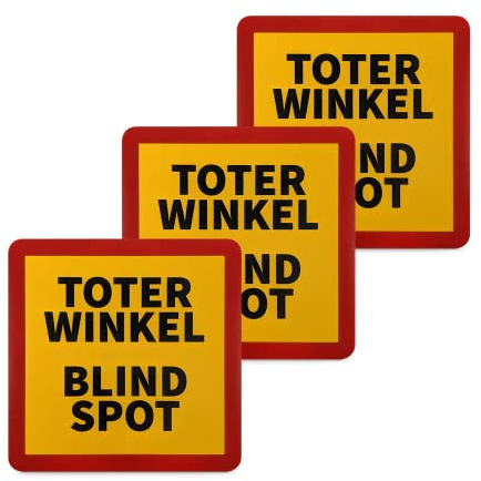 Betriebsausstattung24 Hinweisschild TOTER WINKEL Aufkleber 3er Set | PVC-Folie, selbstkebend - 17,0 x 17,0 cm - Warnhinweis für PKW, LKW, Wohnwagen - BLIND SPOT - Englisch Deutsch 3 Stück