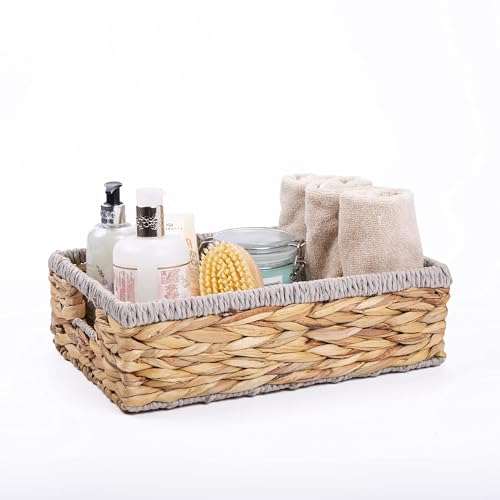 Wickerfield Shallow Woven Water Hyacinth Basket, Wicker Hamper Basket with Handle, Storage Baskets for Bathroom, Toys, Gift (Paper Rope, Small)