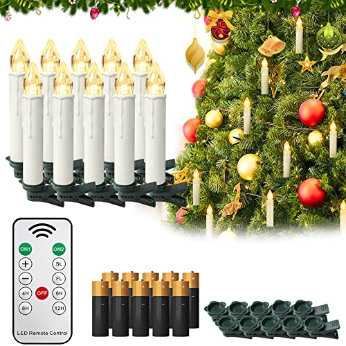 LZQ Candele a LED a Batteria Con Telecomando - 10 Luci Senza Fili per Albero di Natale, Bianco Caldo, Con Timer per Decorazioni Natalizie