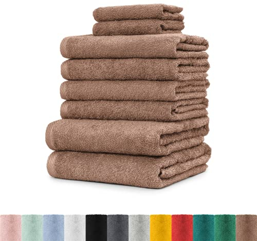 BaSaTex - 8er Pack Handtuch Komplett-Set - Frottee-Handtücher mit Aufhängeschlaufe 4X Handtuch, 2X Duschtuch, 2X Gästetuch - Premium Gästetücher Öko-Tex Standard 100 Zertifiziert - Sandstone