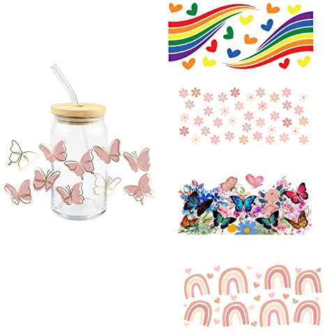 UV DTF Transfer Sticker Packaging Fashion Women 16 Oz Glass Cup Self Adhesive Waterproof DIY ，Water Bottle Stickers for Teens (20pcs (4design))
