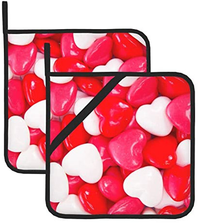 Presine stampate a forma di cuore con caramelle, con tasche e presine antiscivolo resistenti al calore, per forno, 20 cm, 2 pezzi