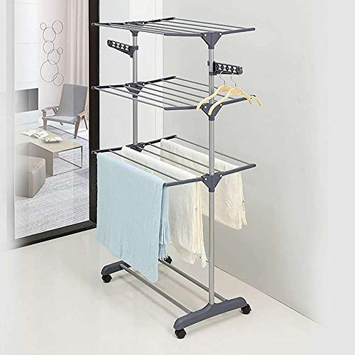 WANZHE Tendedero de pie 3 niveles plegable y portátil, Secadora de ropa, Secadora de ropa con alas laterales, con ruedas (72 x 56 x 152 cm, gris)